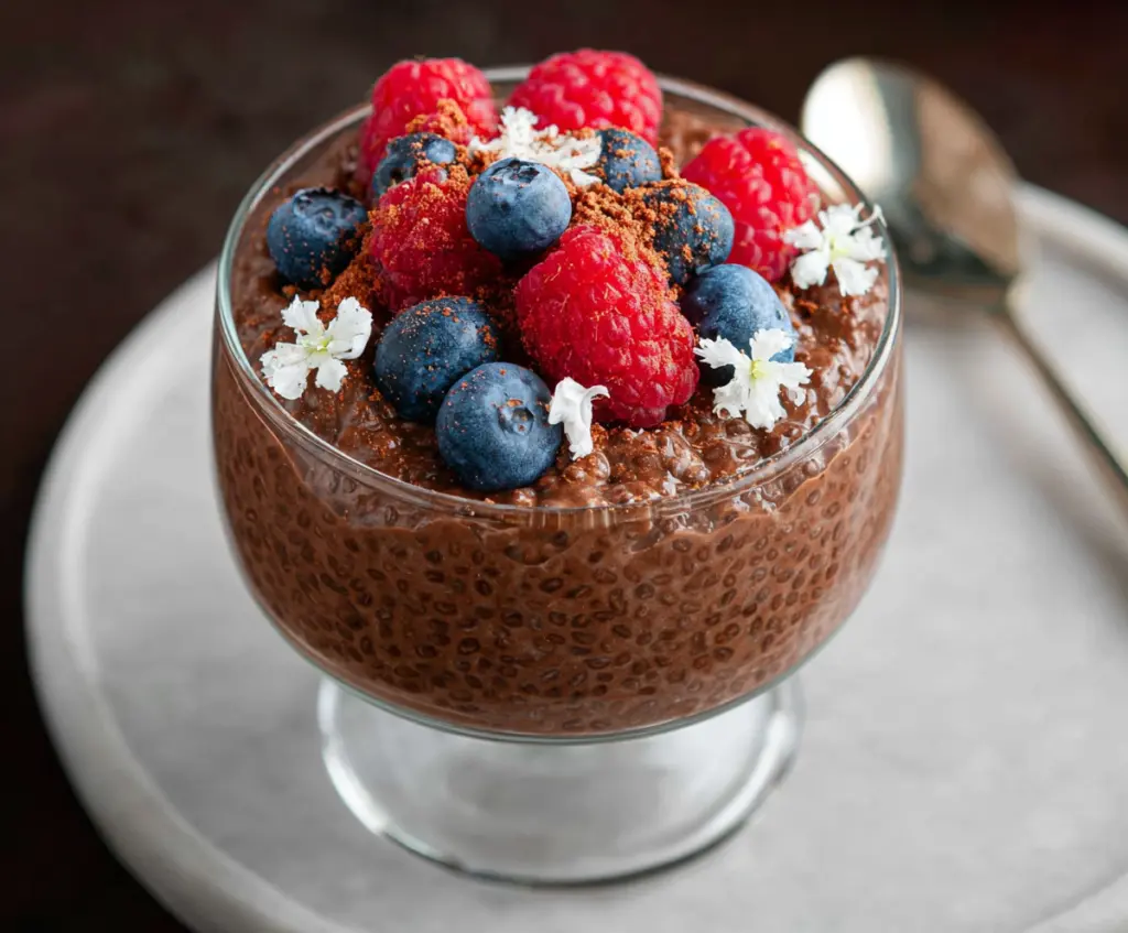 Creamy chocolate chia pudding in a glass bowl with cocoa powder topping, perfect for a healthy dessert.