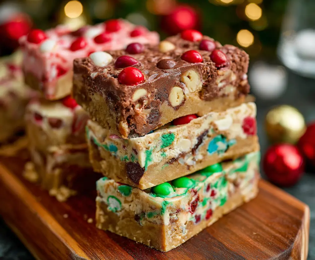Festive Christmas bars with colorful toppings on a holiday dessert platter