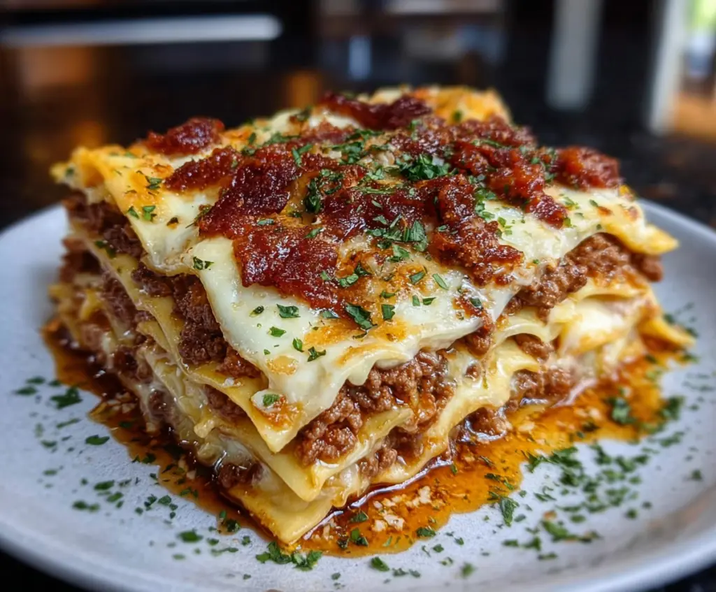 Delicious Classic Ricotta Meat Lasagna with layers of cheese, meat sauce, and fresh herbs.