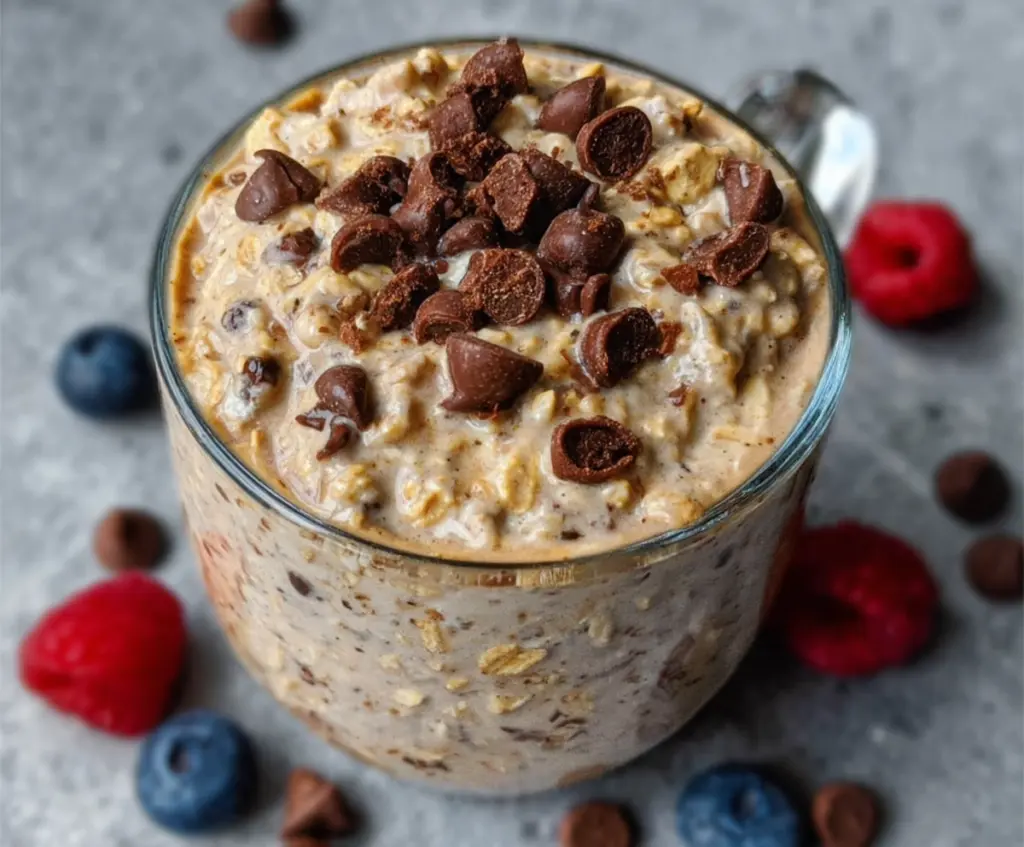 Cookies and cream Cookie Dough Overnight Oats in a glass jar topped with chocolate chips and cookie crumbles.