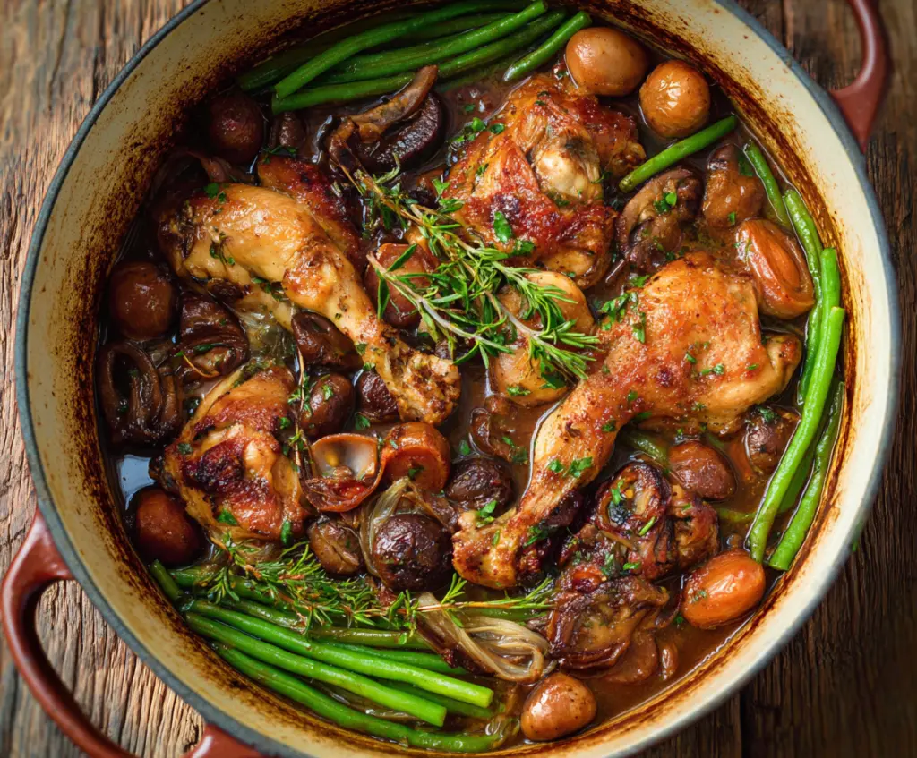 Delicious Coq au Vin featuring tender chicken cooked in rich red wine with vegetables and herbs