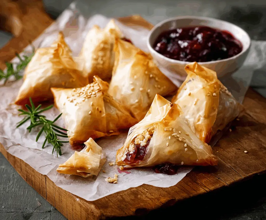 Cranberry and Brie Filo Pastries on a plate, garnished with fresh herbs, perfect appetizer for gatherings.
