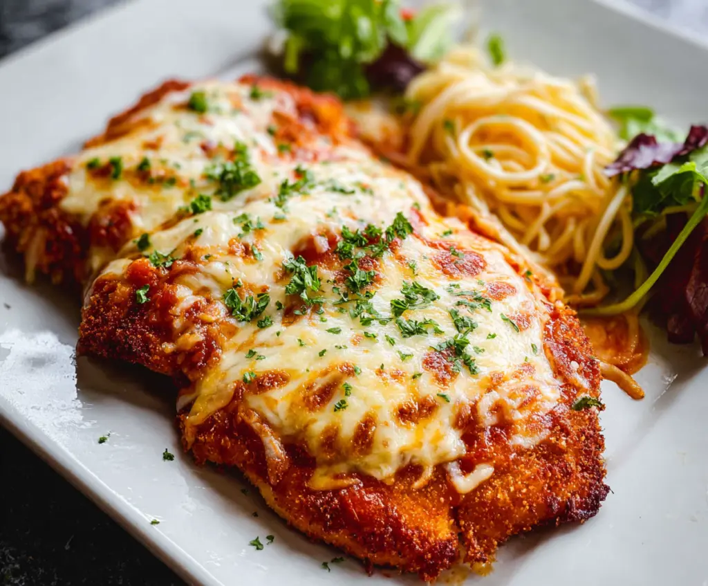 Golden-brown crispy chicken parmigiana topped with melted cheese and marinara sauce.