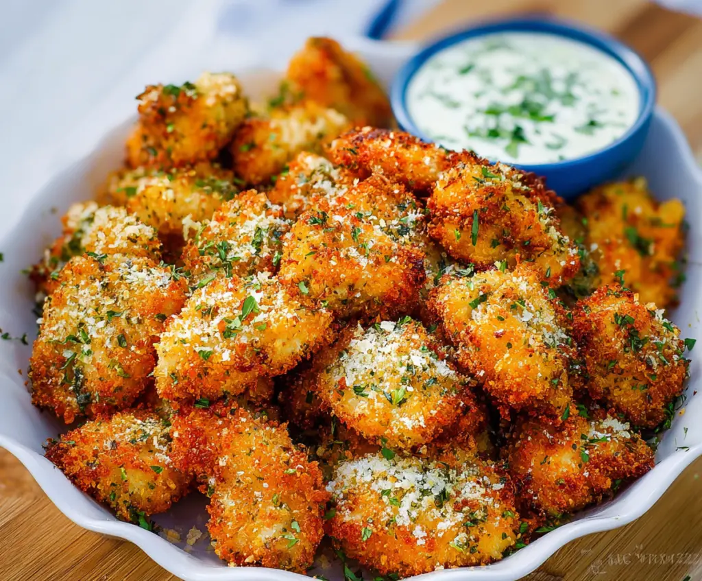Golden crispy Parmesan herb chicken bites served on a white plate, garnished with fresh herbs, perfect for a delicious appetizer or snack.