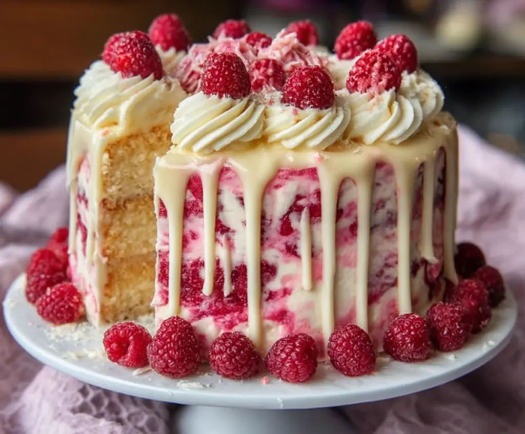 Slice of Decadent White Chocolate Raspberry Dream Cake topped with fresh raspberries and white chocolate shavings.