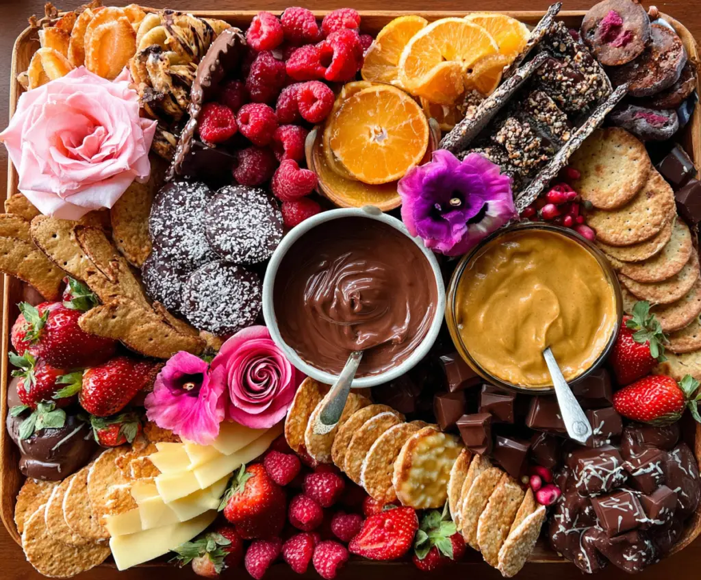 Beautiful dessert charcuterie board with assorted chocolates, fresh fruits, and sweet treats for a delightful presentation.