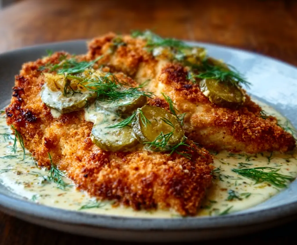 Baked Dill Pickle Parmesan Chicken served on a white plate with fresh herbs, highlighting a crunchy, flavorful coating.