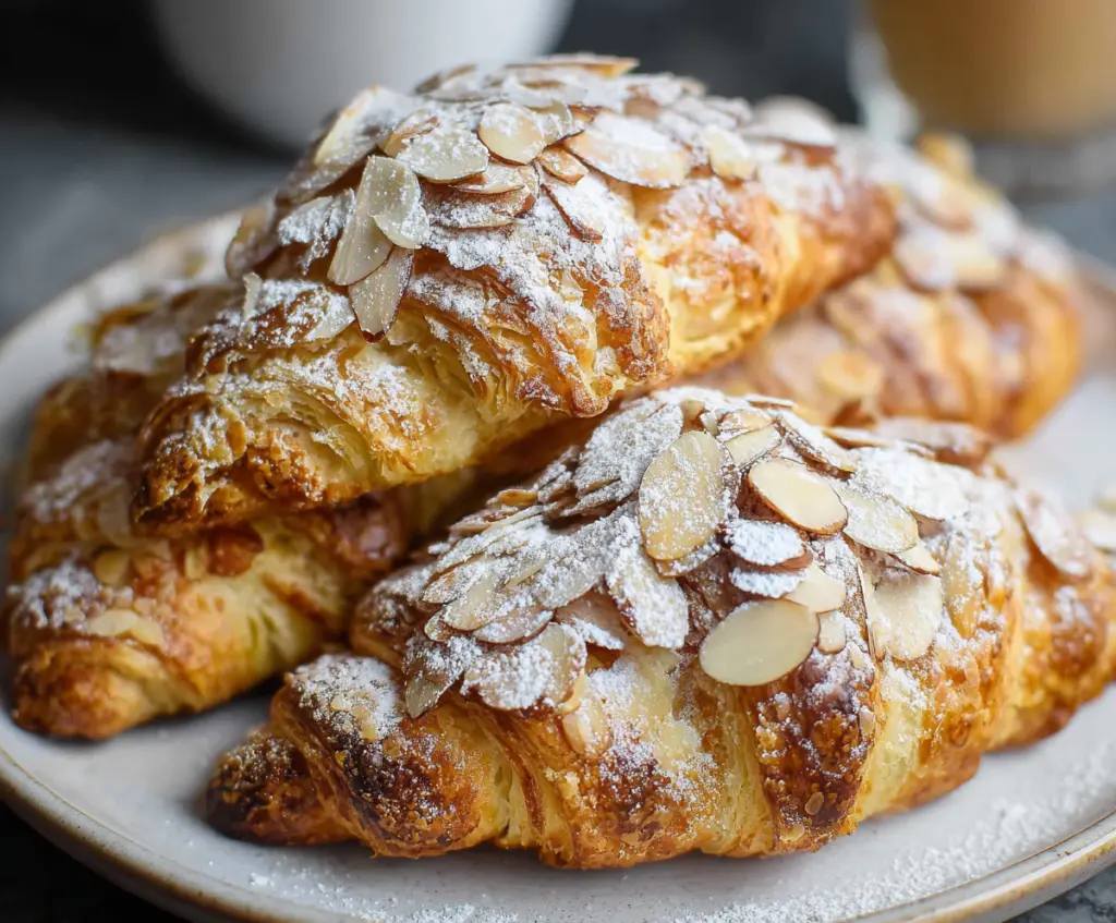 Golden flaky almond croissants fresh out of the oven, perfect for breakfast or brunch.