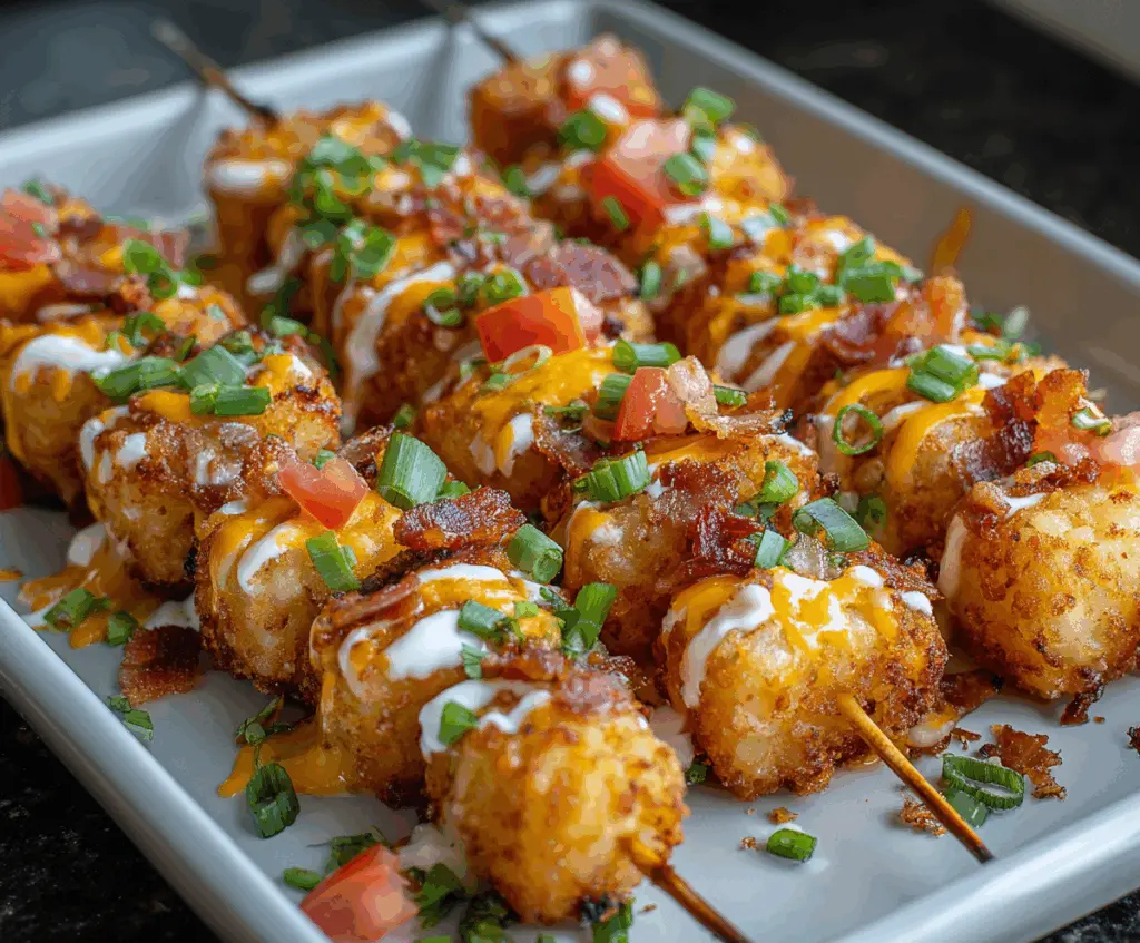 Delicious loaded tater tot skewers topped with cheese, bacon, and green onions, perfect for a savory appetizer or snack.