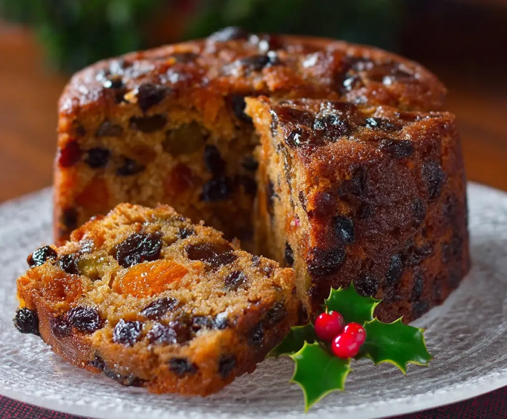 Delicious homemade traditional fruitcake with dried fruits and nuts, perfect for holiday celebrations.