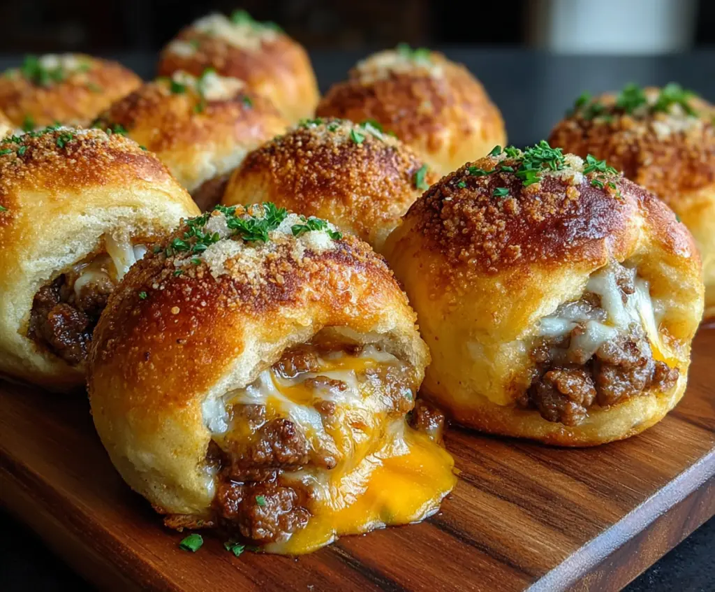 Savory Garlic Parmesan Cheeseburger Bombs, crispy and cheesy appetizer with ground beef and melted cheese in a golden crust.