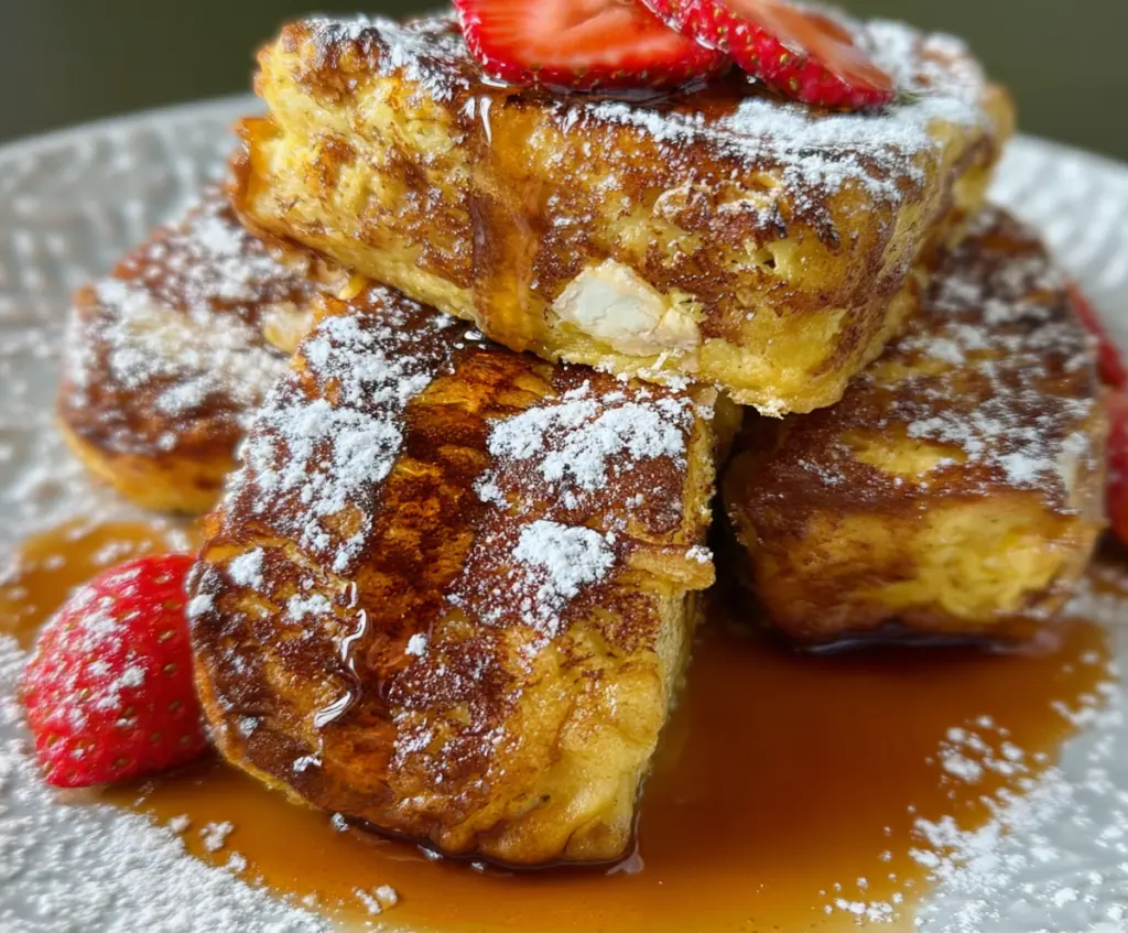 Delicious Hawaiian roll French toast topped with fresh strawberries and powdered sugar.