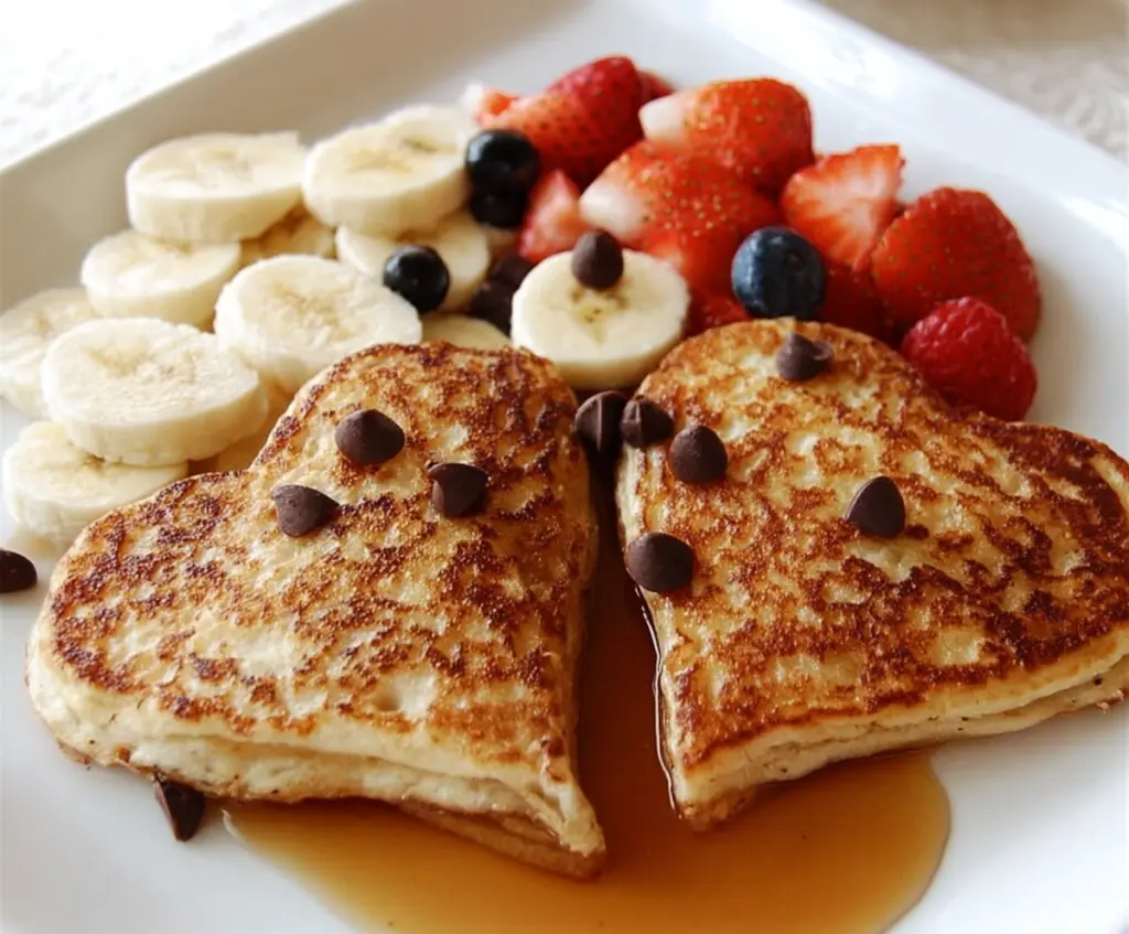 Delicious heart-shaped pancakes served on a plate, perfect for breakfast or special occasions.