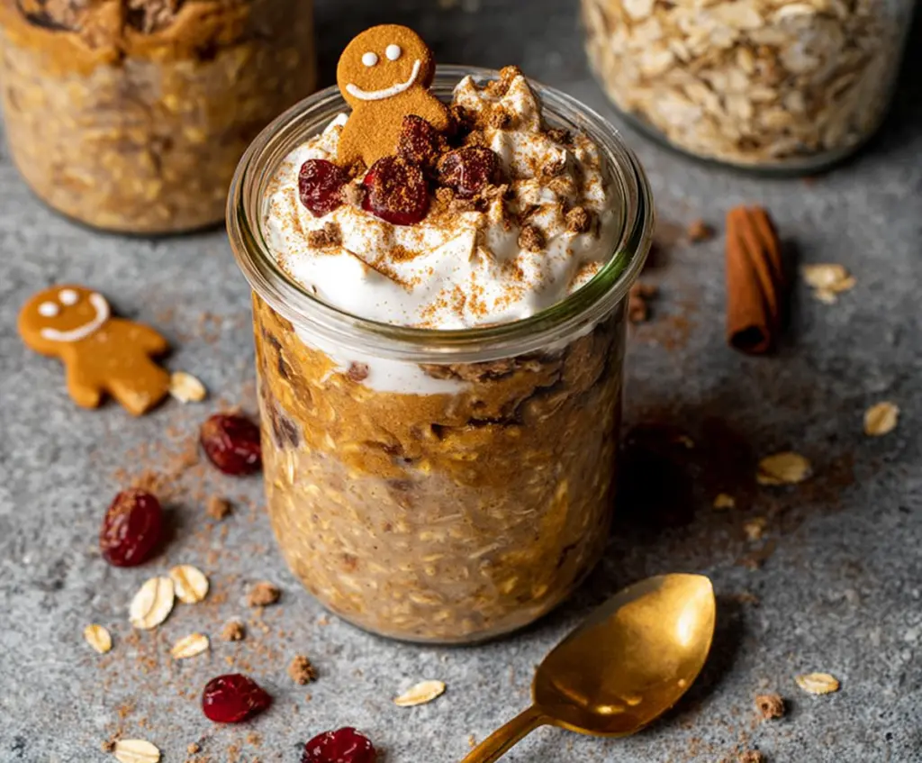 Creamy gingerbread overnight oats with high protein content, topped with festive spices and oats in a jar for a healthy breakfast.