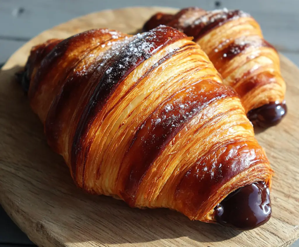 Delicious homemade chocolate croissants with flaky golden pastry and rich chocolate filling.