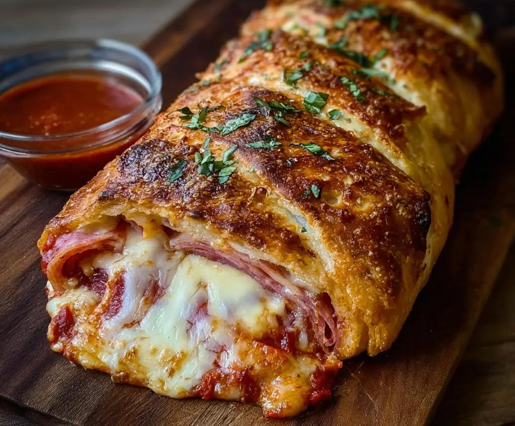 Delicious Italian Stromboli with melted cheese and savory fillings in a golden crust.