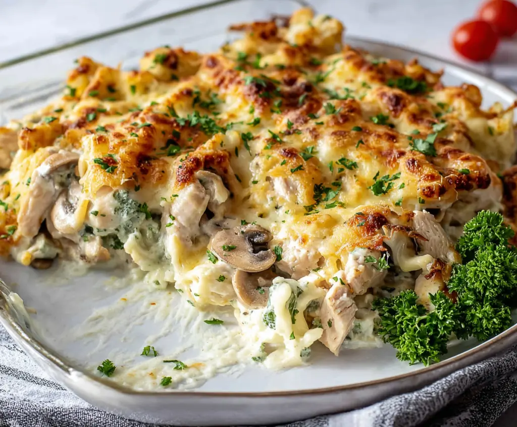 Delicious Keto Chicken Alfredo Casserole with creamy sauce and melted cheese, perfect for low-carb dinner recipes.