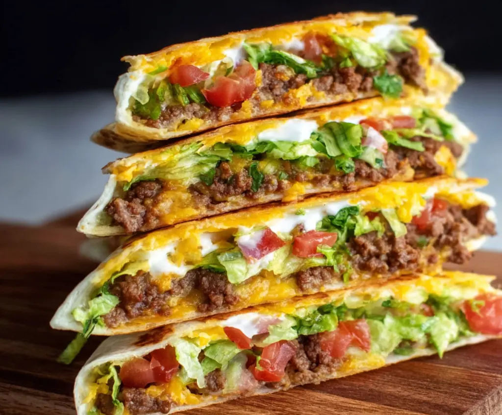 Keto crunchwraps filled with seasoned meat, cheese, and fresh vegetables on a plate.