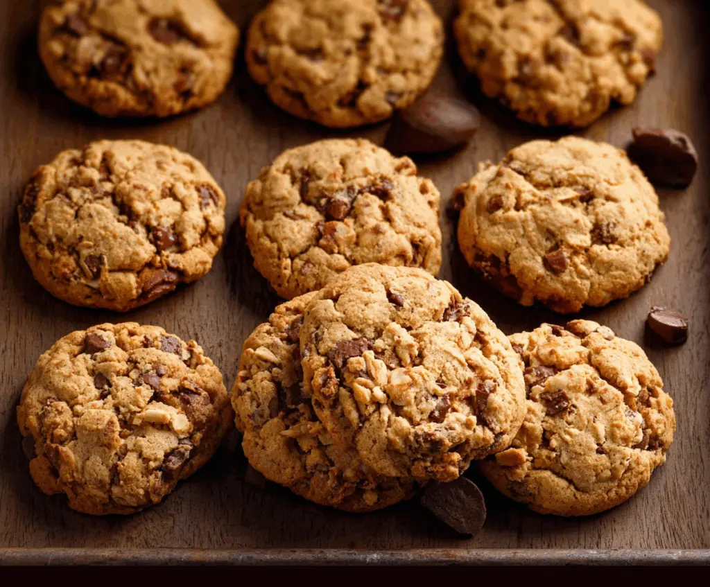 Delicious Laura Bush’s Cowboy Cookies with chocolate chips and walnuts on a rustic plate.
