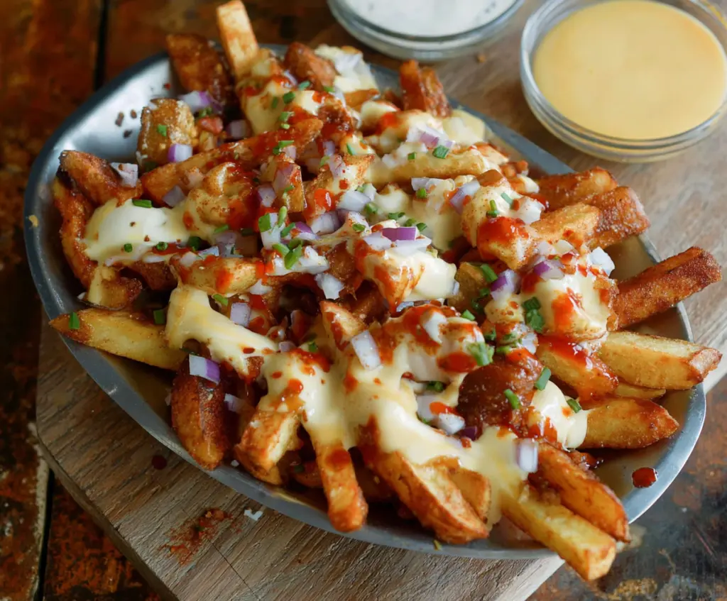 Delicious Louisiana Voodoo Fries topped with spicy seasonings and melted cheese, served as a savory snack.