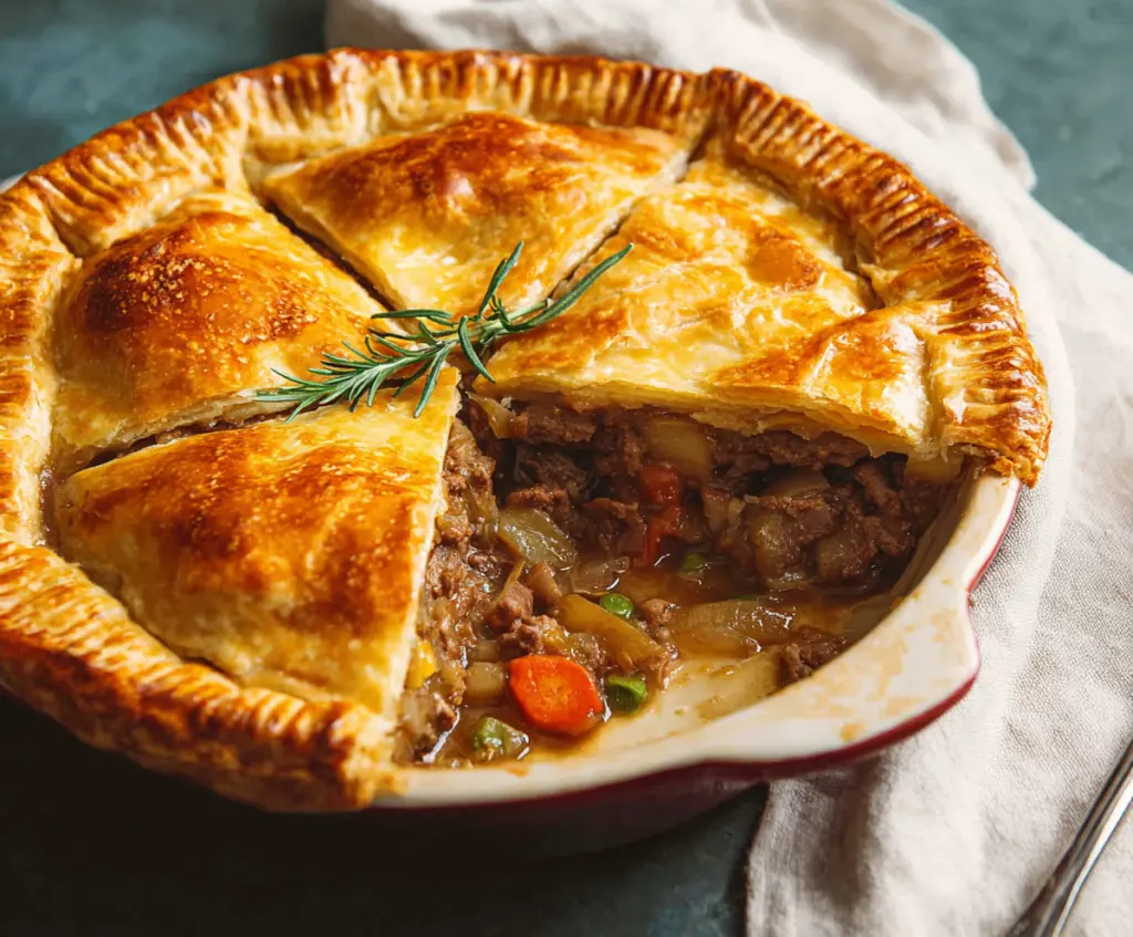 Savory homemade meat pie with golden crust and flavorful filling, perfect for comfort meals.