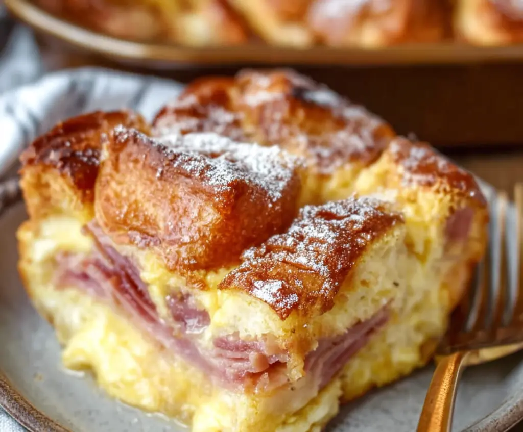 Delicious Monte Cristo Breakfast Casserole with eggs, cheese, and ham ready to serve.