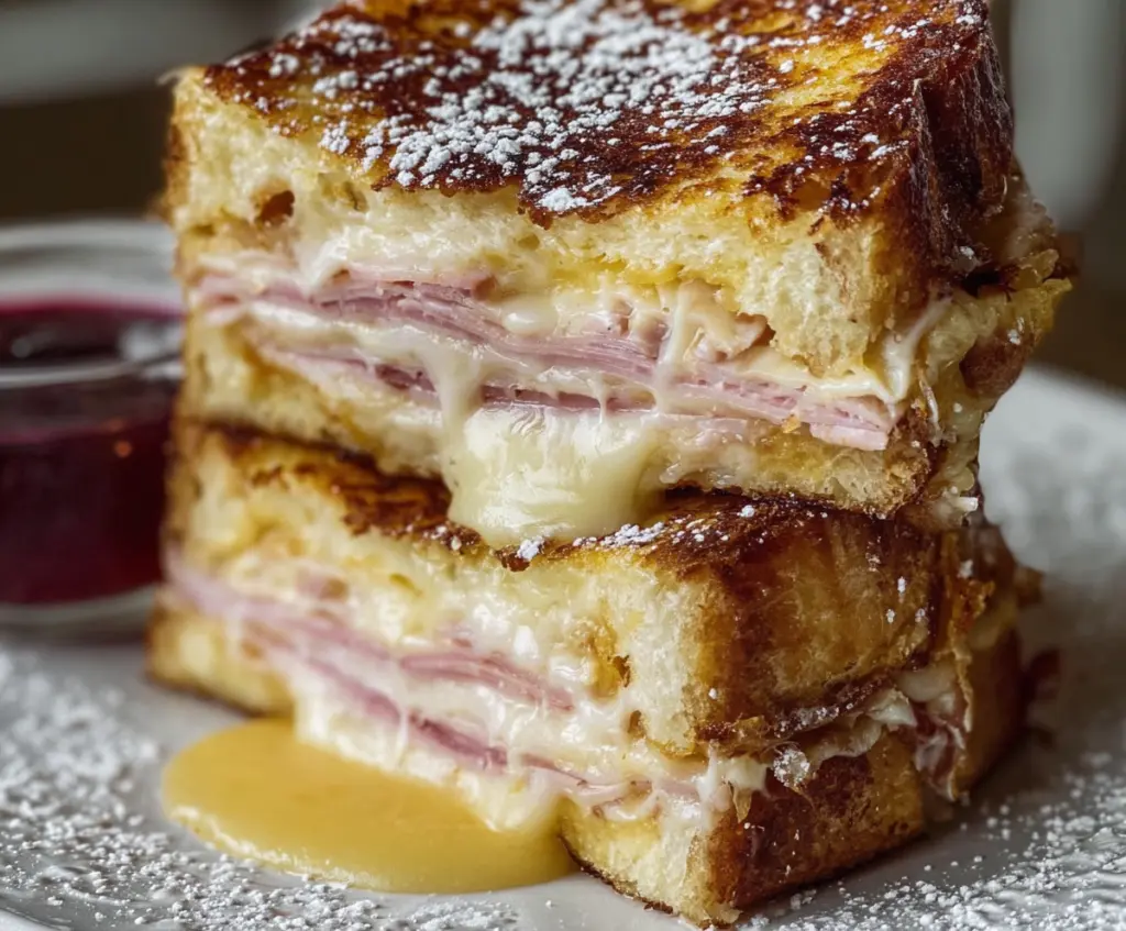 Delicious Monte Cristo Sandwich topped with powdered sugar and served with berries on a white plate.