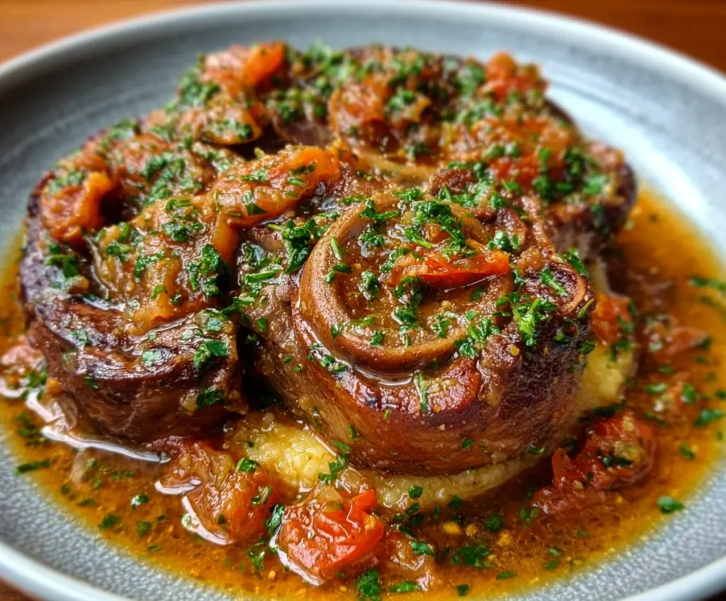 Delicious Osso Buco veal shank dish served with aromatic herbs and vegetables.