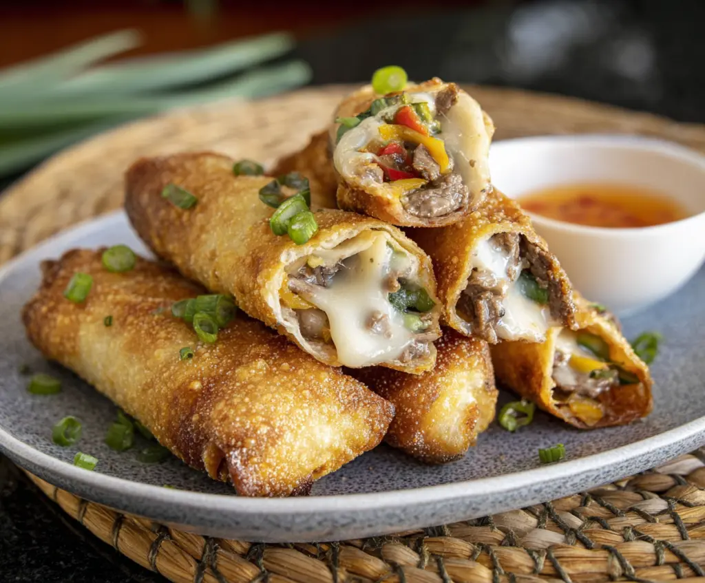 Crispy Philly Cheesesteak Egg Rolls filled with tender beef, melted cheese, and grilled peppers.