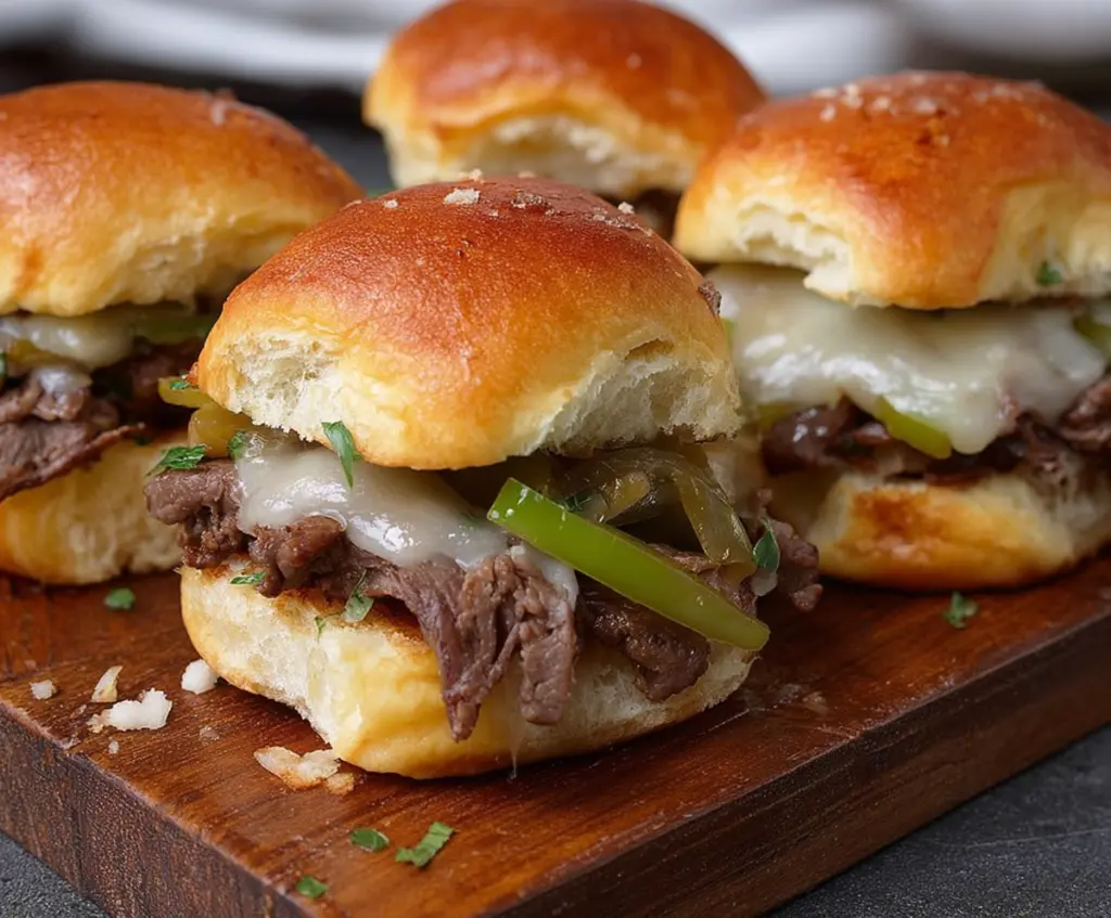Delicious Philly Cheesesteak Sliders with tender beef, melted cheese, and fresh bread rolls on a serving platter.