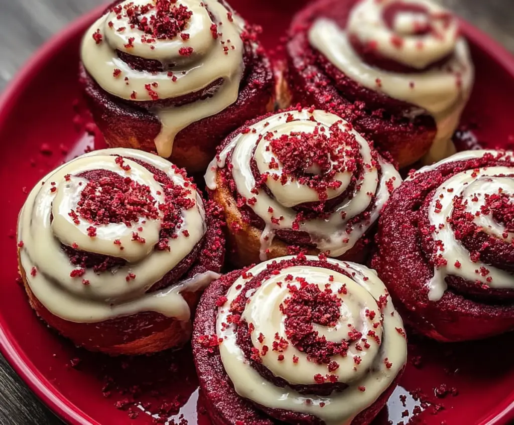 Delicious red velvet cinnamon rolls with cream cheese frosting, perfect for dessert or breakfast