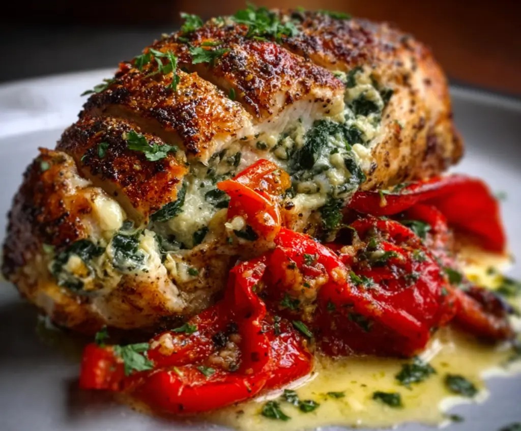 Delicious roasted red pepper stuffed chicken breast served with herbs and vegetables.