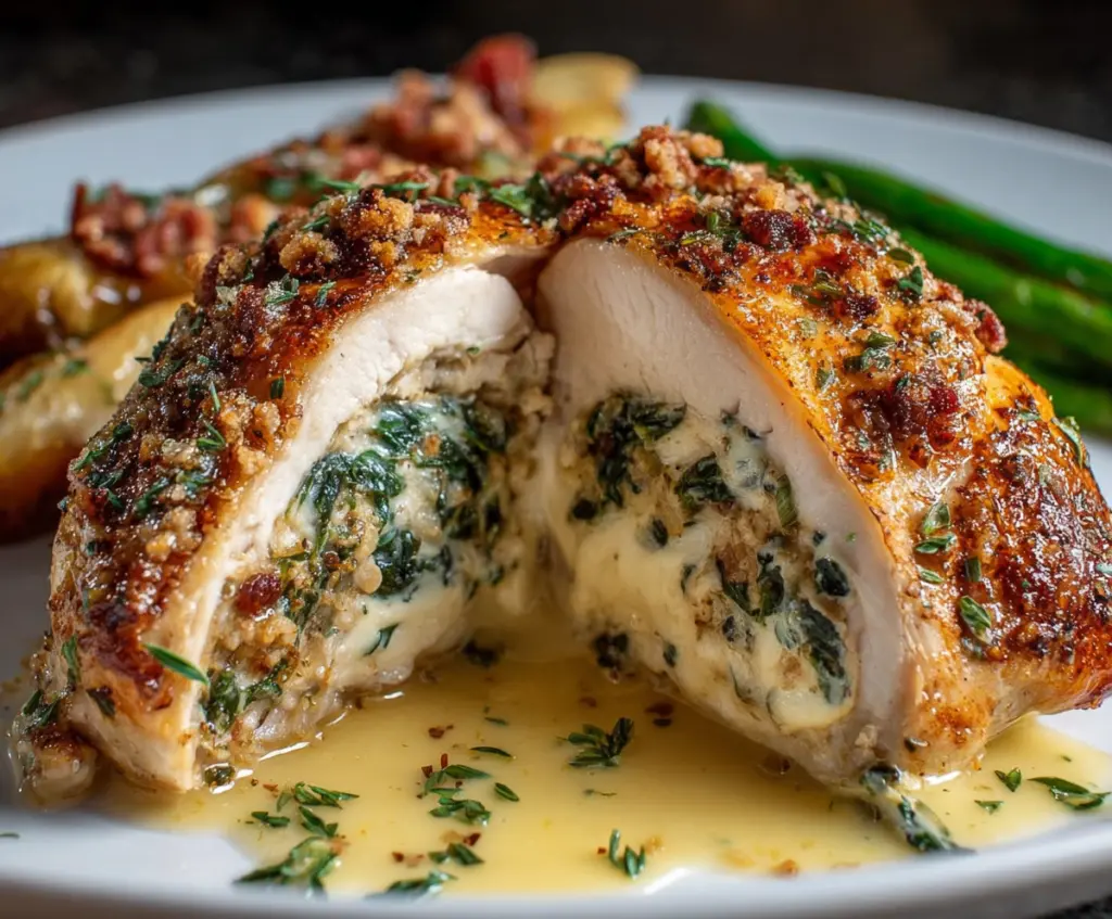 Delicious Ruth's Chris stuffed chicken copycat dish, showcasing a flavorful baked chicken breast filled with cheese and herbs.