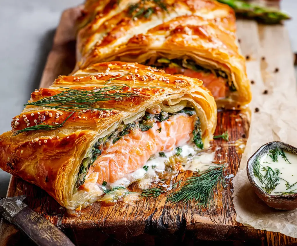 Delicious Salmon Wellington served with fresh herbs and golden pastry.