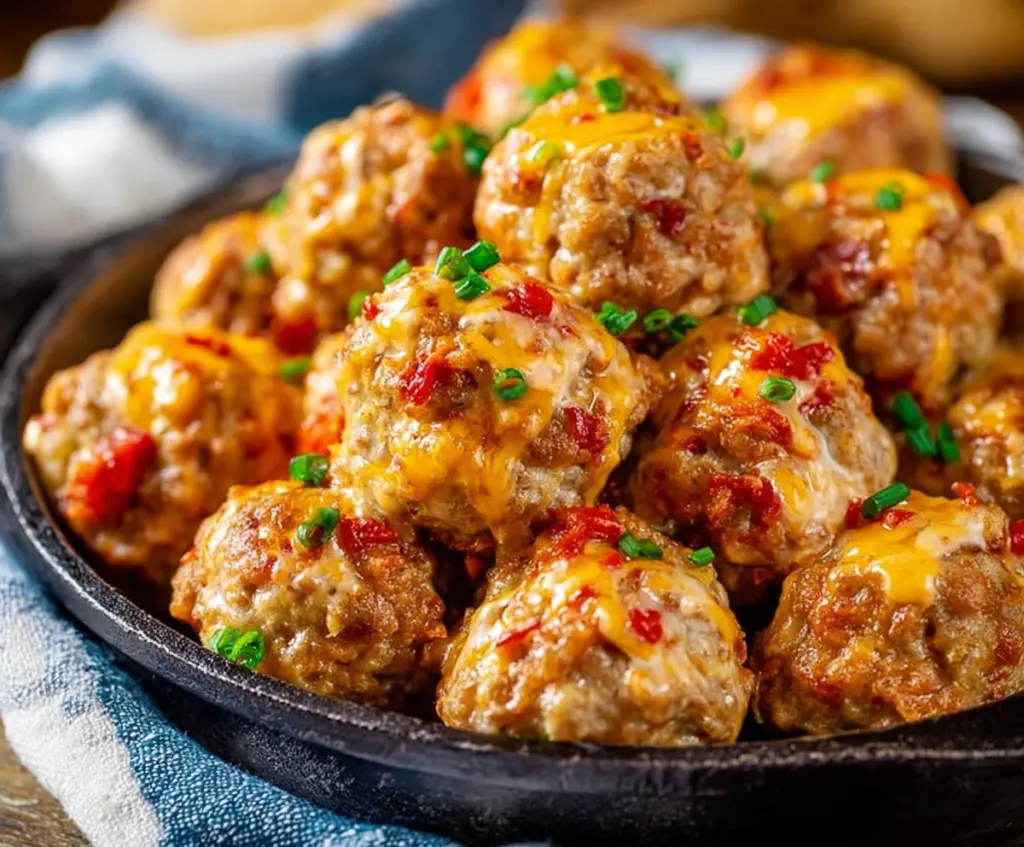 Delicious Spicy Rotel Cream Cheese Sausage Balls on a serving platter, perfect for parties.
