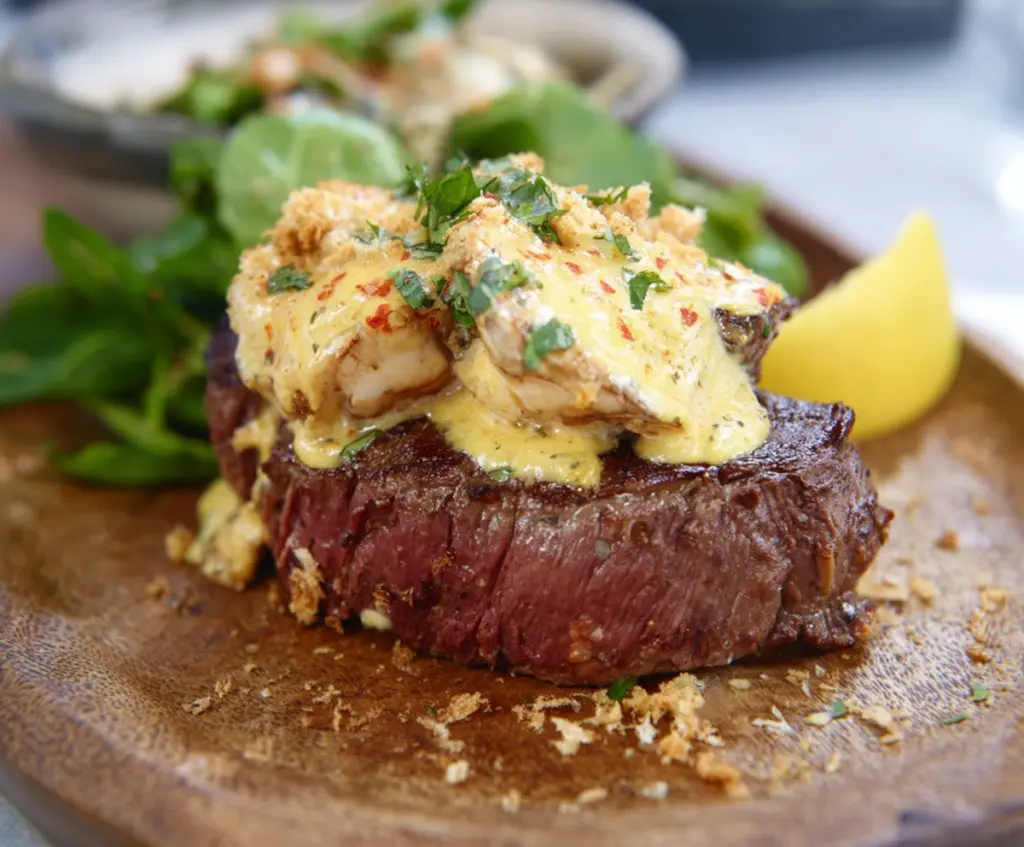 Delicious Steak Oscar topped with crab meat, asparagus, and Hollandaise sauce on a elegant plate.