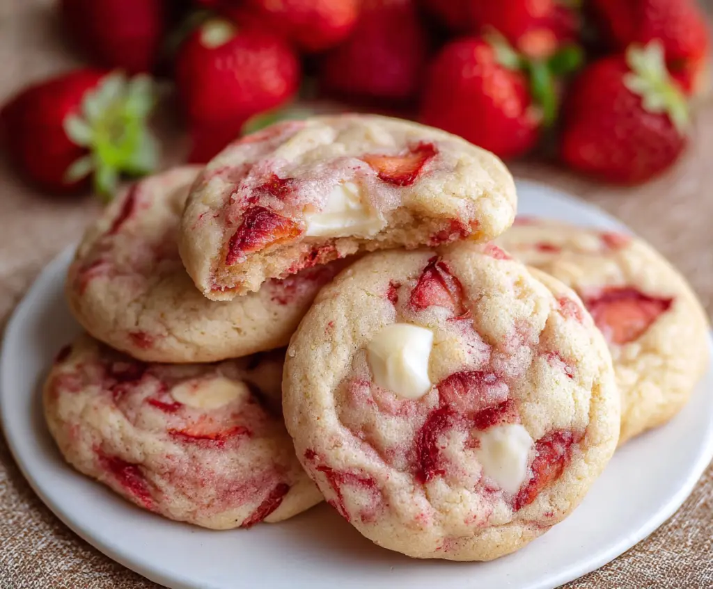 Delicious strawberry cheesecake cookies with a creamy topping and fresh strawberries on top