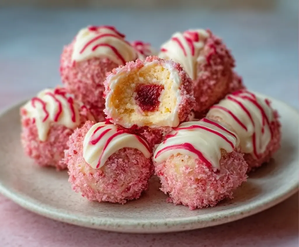 Delicious Strawberry Cheesecake Truffle Balls with fresh strawberries and creamy cheesecake coating