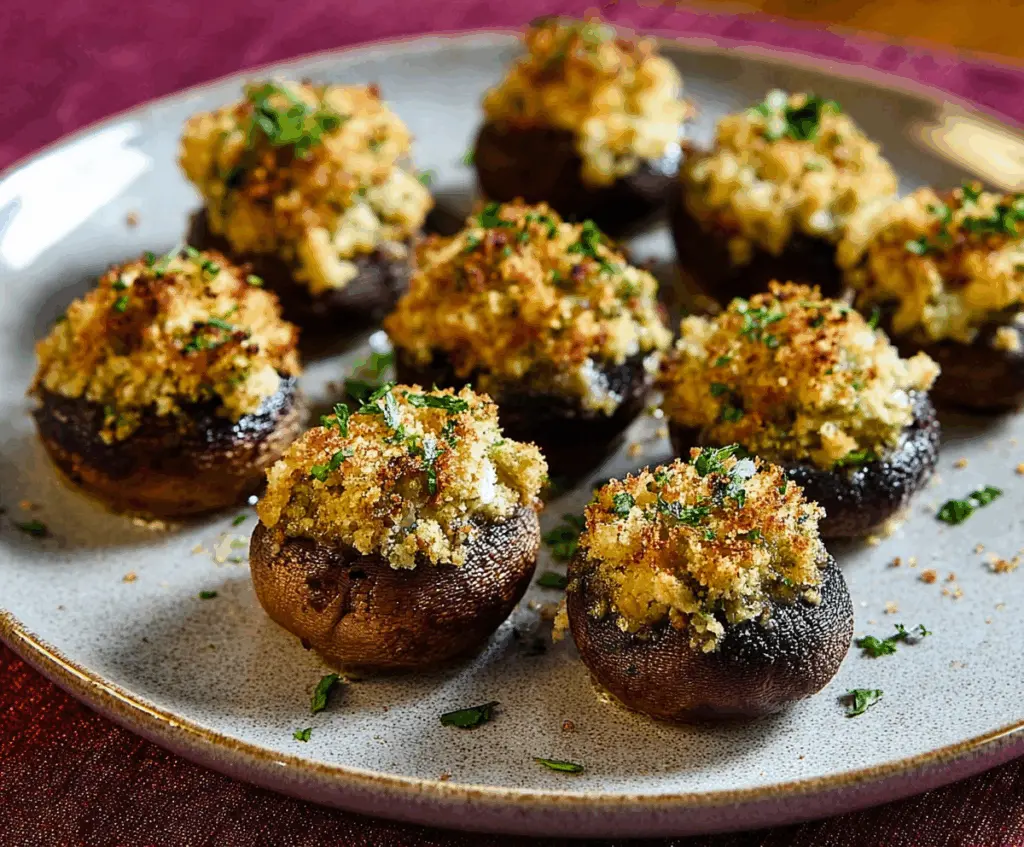 Delicious stuffed mushroom caps filled with savory cheese and herbs, perfect for appetizers.