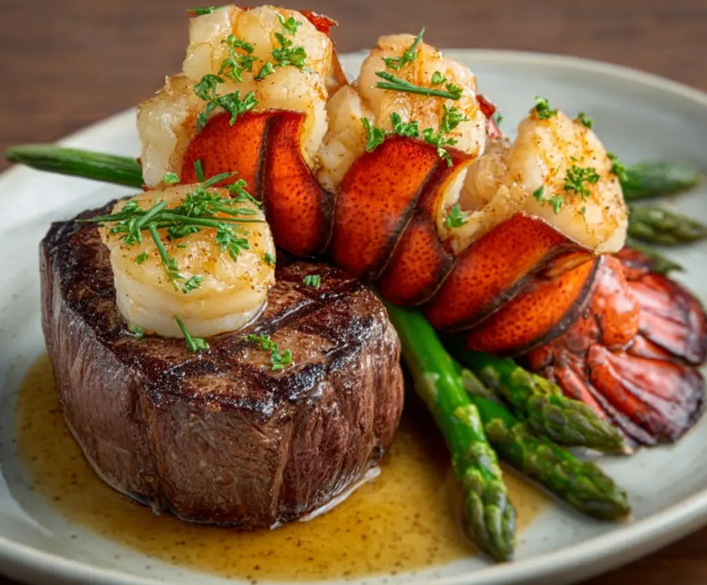 Delicious surf and turf dish featuring grilled steak and lobster tails on a rustic wooden table.
