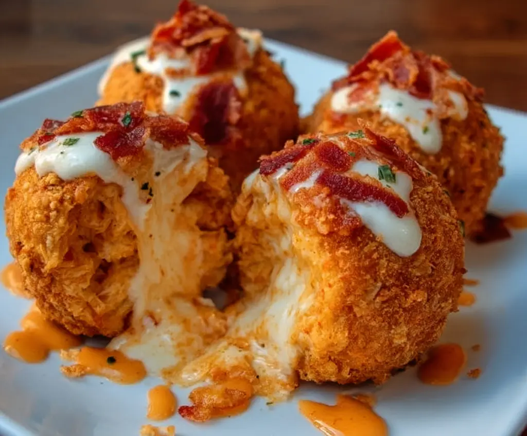 Delicious Buffalo Chicken Bacon Mozzarella Bombs served hot with melted cheese on top.