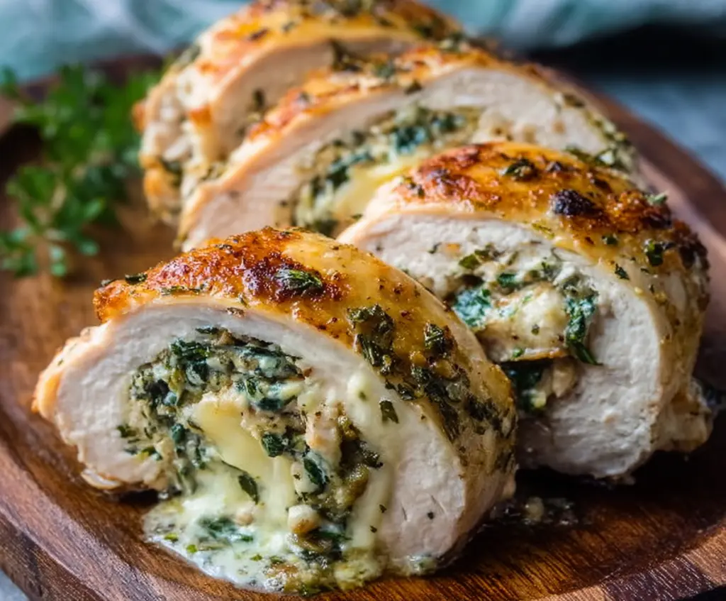 Delicious herbed ricotta stuffed chicken rolls garnished with fresh herbs on a serving plate.