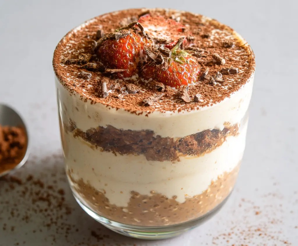 Delicious Tiramisu Overnight Oats in a glass jar with coffee and cocoa toppings for a sweet breakfast treat