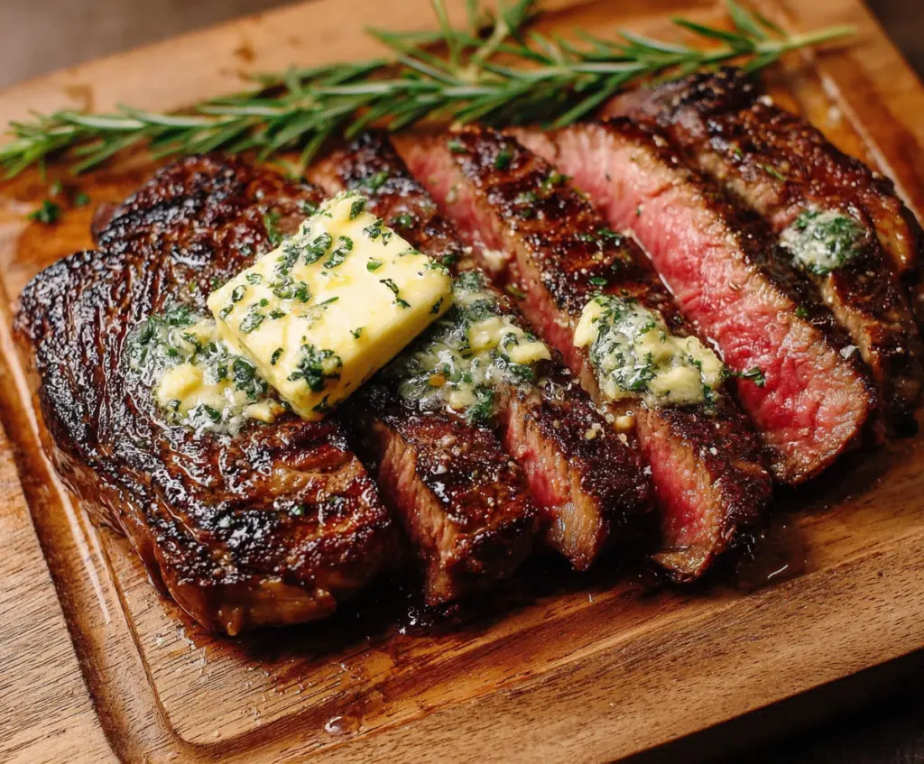 Juicy Wagyu steak topped with melted garlic butter on a rustic wooden plate.