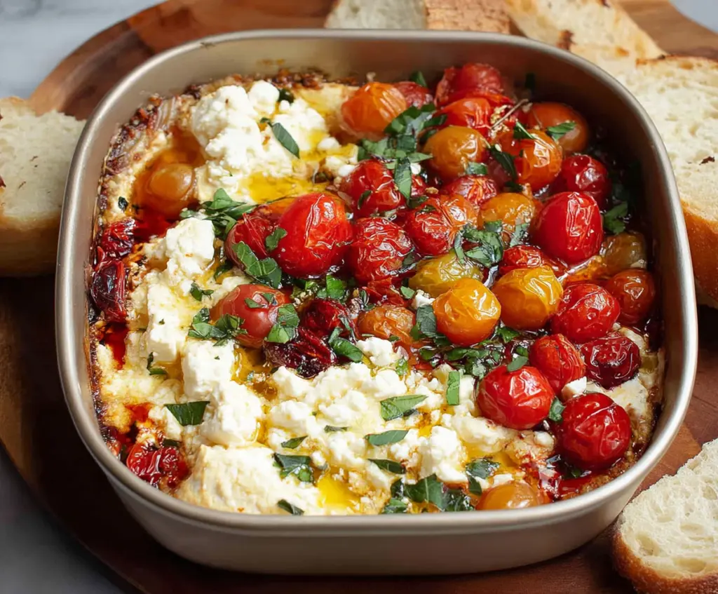 Creamy baked feta dip in a bowl with fresh herbs and cherry tomatoes for a delicious appetizer.