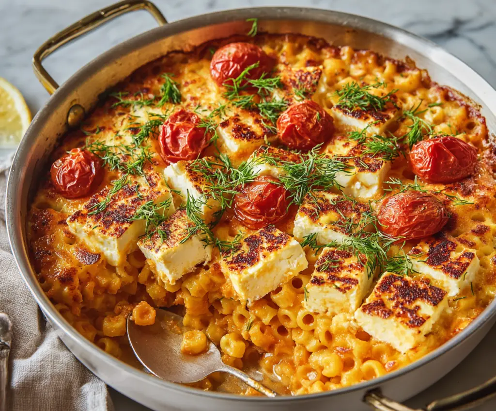Delicious baked feta pasta served in a rustic dish with cherry tomatoes and fresh herbs.