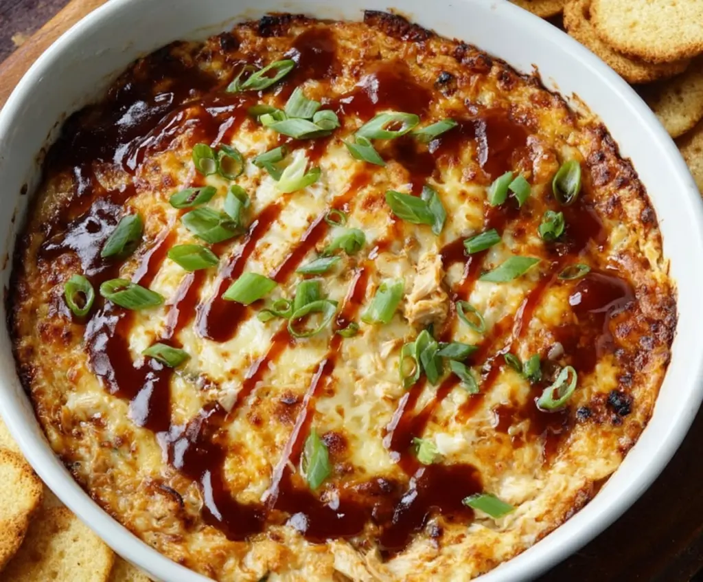 Delicious BBQ chicken dip served with fresh tortilla chips and garnished with chopped herbs.