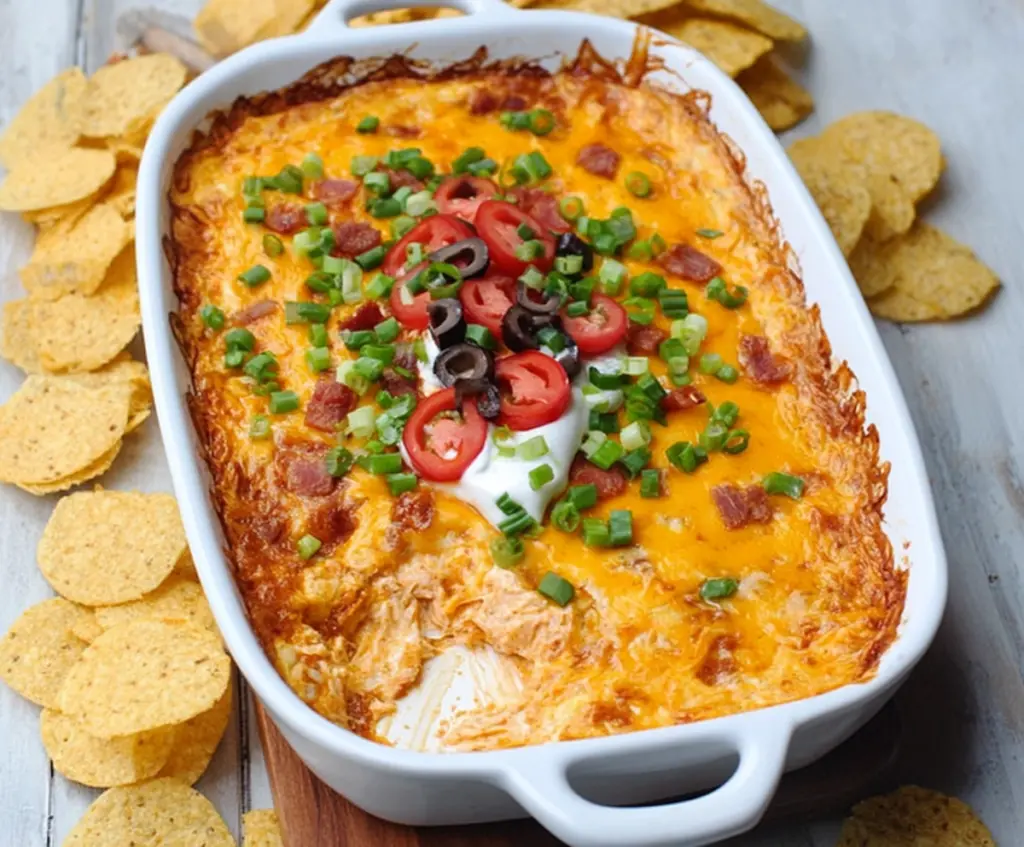 Delicious Bold Cheesy Texas Trash Dip in a bowl, showcasing melted cheese, crispy toppings, and colorful ingredients.