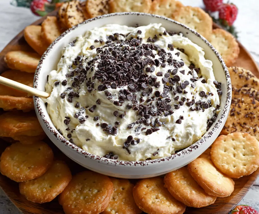 Delicious creamy cannoli dip garnished with chocolate chips and powdered sugar, perfect for dessert.