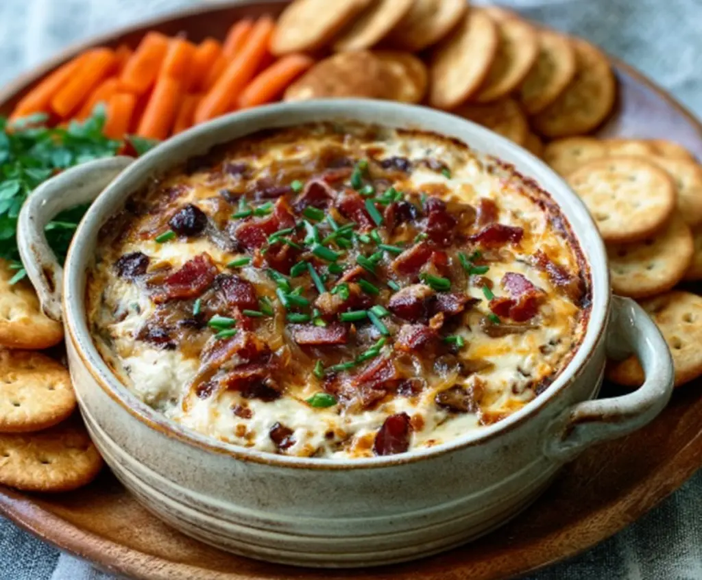 Creamy caramelized onion and crispy bacon dip served with fresh tortilla chips.